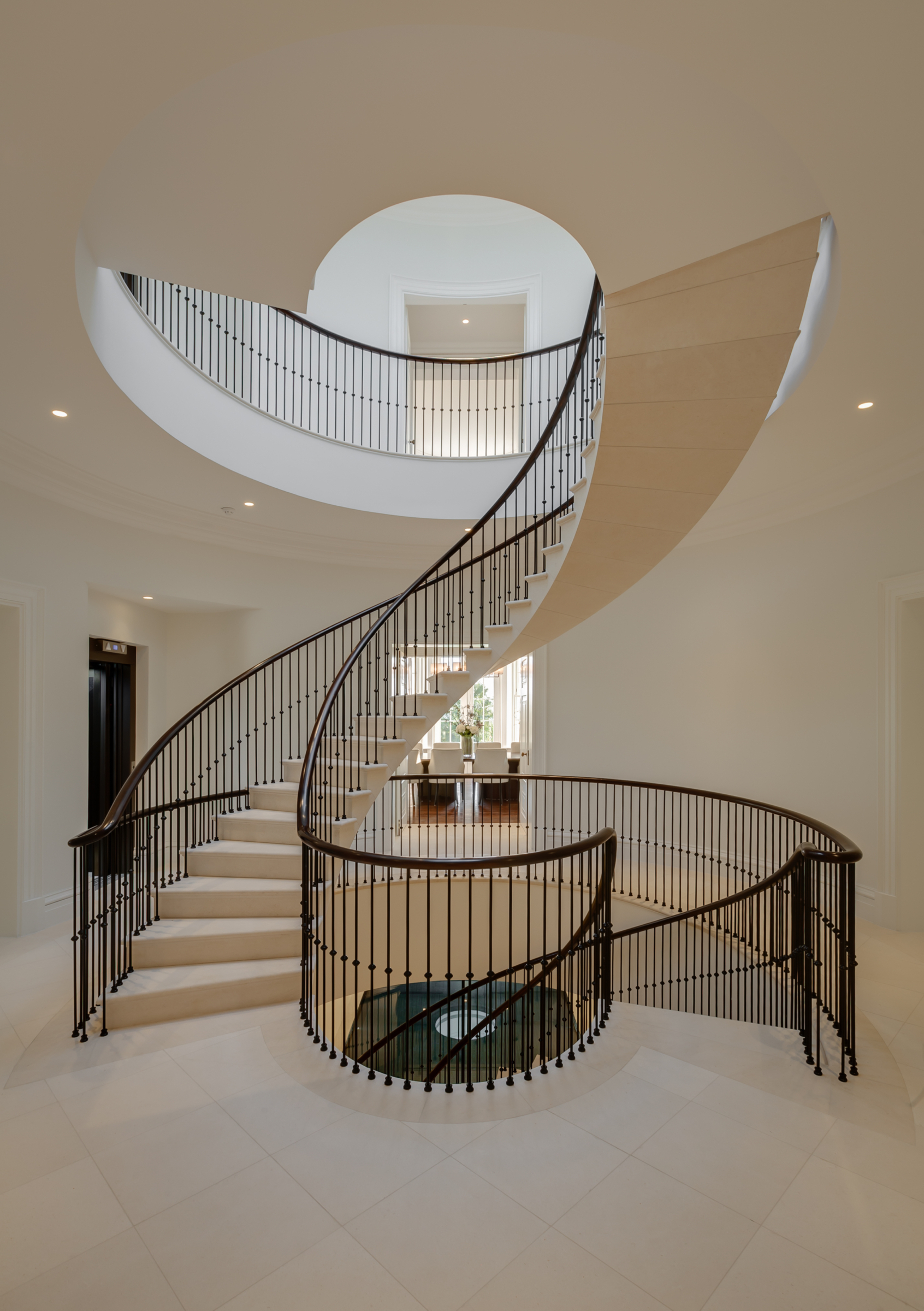 Shot of stairs from film of Camp End Manor, St Georges Hill, Surrey. Beeston Media video production Bristol, property and design video production, luxury property video production, real estate video production.
