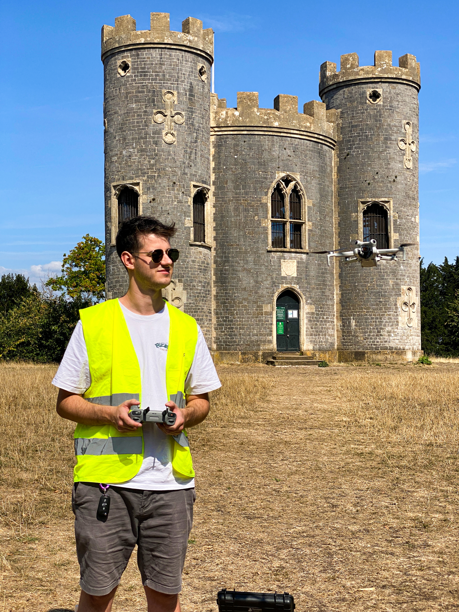 A behind the scenes photo of Joe, operating the drone. Beeston Media video production Bristol, science and technology video production, higher education video production.