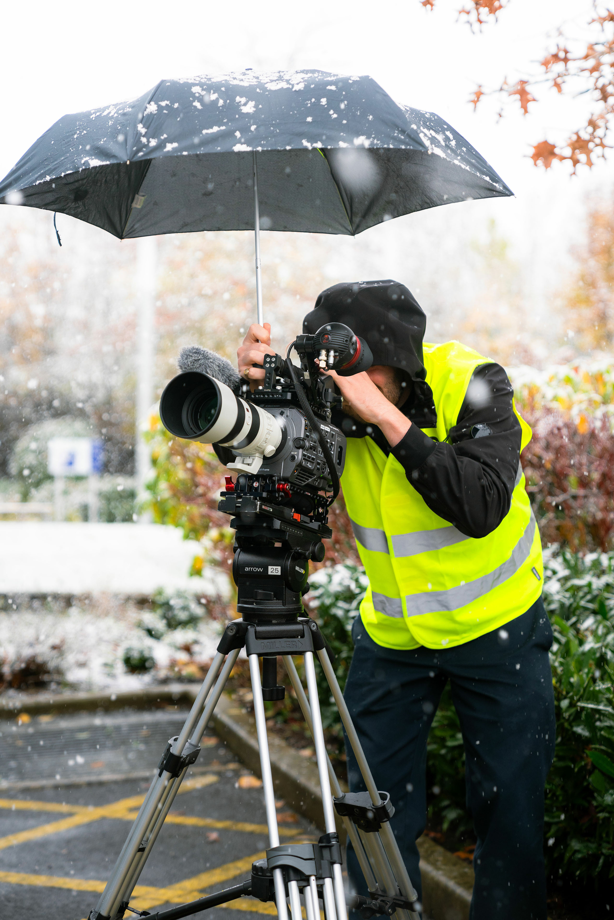 Beeston Media cameraman filming at Isambard-AI in the snow. Beeston Media video production, bristol science and technology video production, higher education video production.