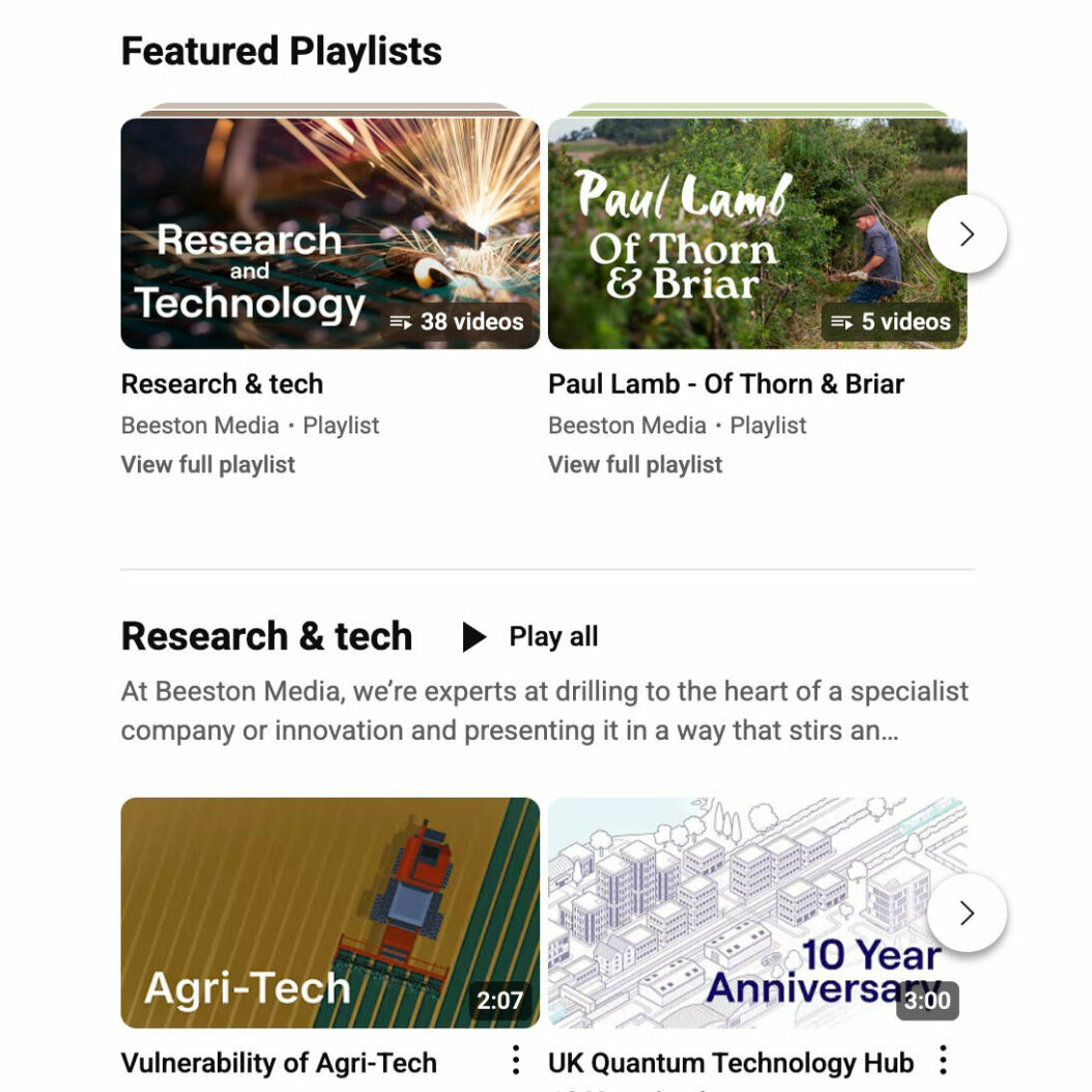 Close-up from Beeston Media YouTube channel display to show targeted distribution. Beeston Media video production Bristol, science and technology video production, higher education video production.