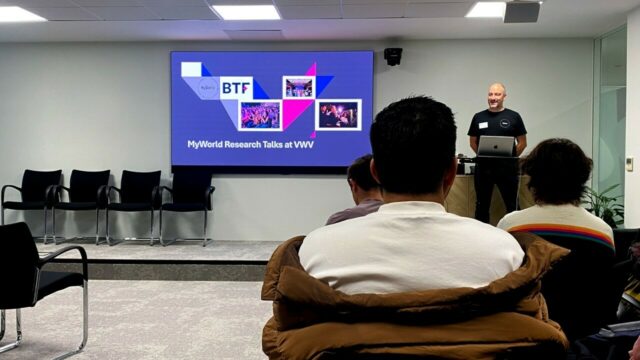 A still of a MyWorld representative opening the final day of the BTF+ 2025 event talks. Beeston Media video production Bristol, science and technology video production, higher education video production.