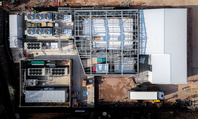 Drone shot of construction of Isambard-AI. Beeston Media video production Bristol, science and technology video production, higher education video production.
