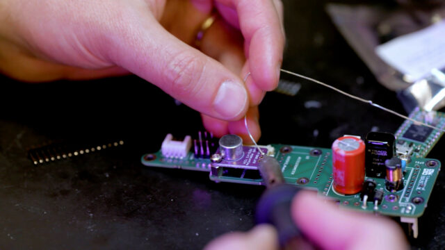 Close-up of soldering for Jean Golding Institute seedcorn project film. Beeston Media video production Bristol, science and technology video production, higher education video production.