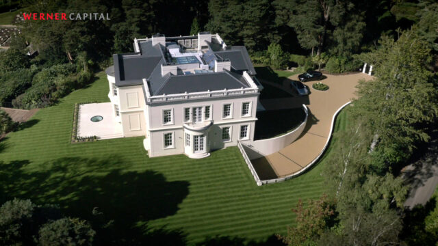 Aerial shot Camp End Manor, St Georges Hill, Surrey. Beeston Media video production Bristol, property and design video production, luxury property video production, real estate video production.