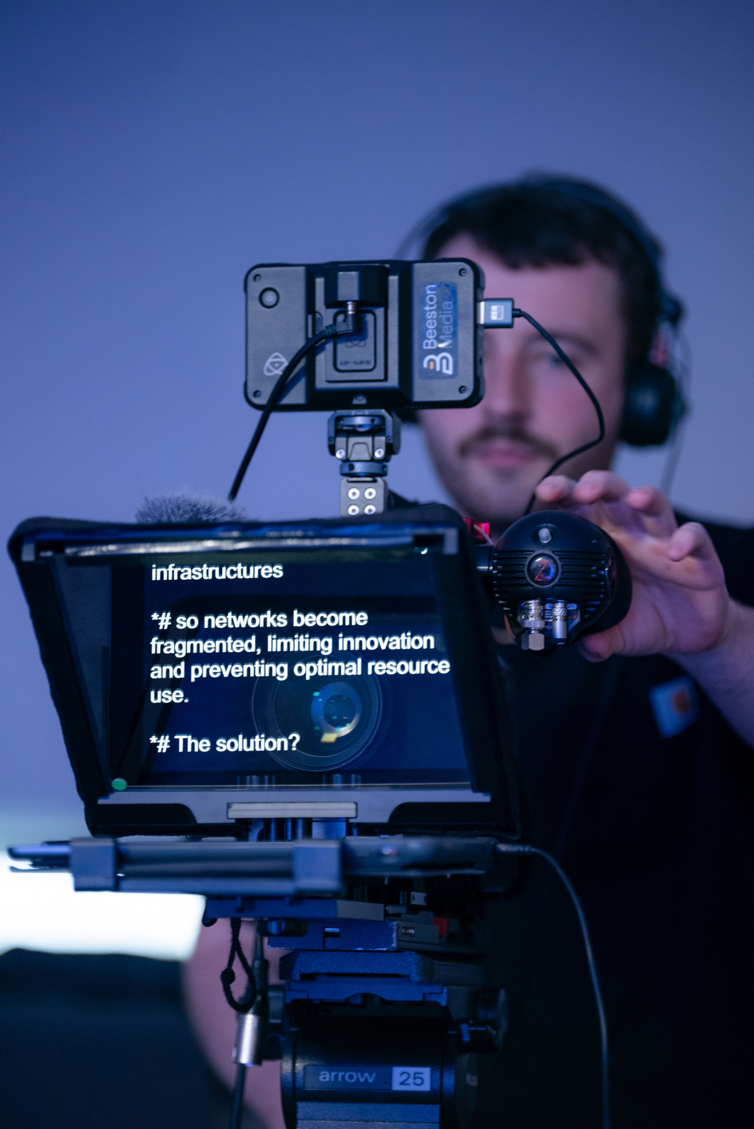 Beeston Media filming with teleprompter. Beeston Media video production bristol science and technology video production higher education video production.